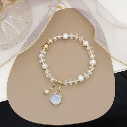 New Waterdrop Pendant White Natural Freshwater Pearls Crystal Crown Beaded Bracelets Bangles for Women Fashion Jewelry YBR551
