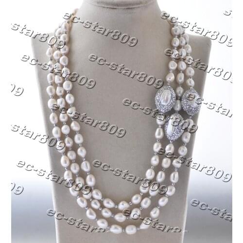 Z11240 3Row 22" 28mm Baroque White Pearl Biwa Pearl CZ Necklace Woman Fashion Jewelry