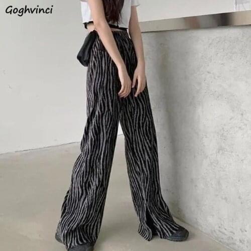 Striped Casual Pants Women Straight Elastic Waist Pleated Female Trousers Korean Vintage Ulzzang Streetwear Preppy Style Retro