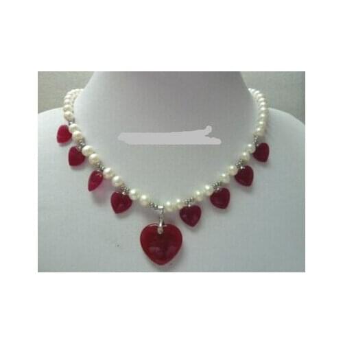 HOT Genuine White Pearl Red stone Heart Pendant Necklace