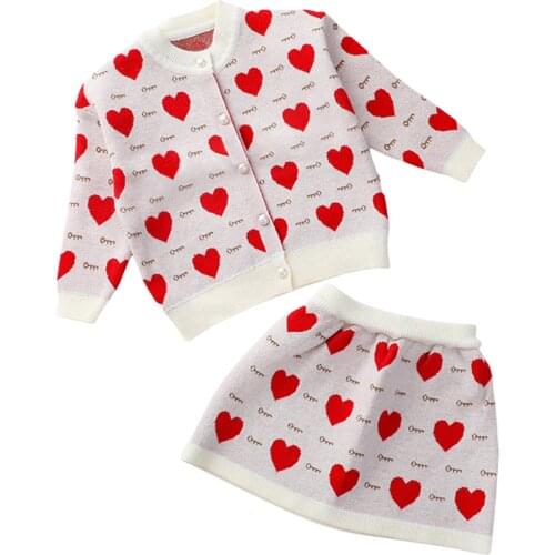 2PCS Toddler Baby Girls Autumn casual Clothes Long Sleeve Heart Print Cardigan sweater Mini Skirts lovely Set Valentines Day