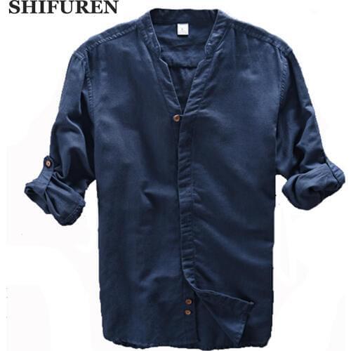 SHIFUREN 2017 New Spring Men Causal Shirts Long Sleeve Soft Breathable Linen & Cotton Mens Dress Shirts Big Size S-XXL