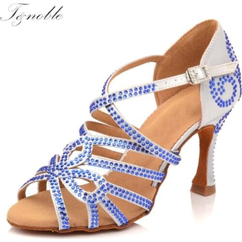 Latin Dance Shoes Double Rhinestone Blue Shining Silver Gray White Satin Women Ballroom High Heels Dancing Shoes Cuba Heel 9cm