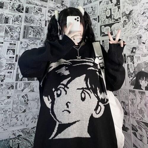 Knit Harajuku winter wear womens oversized sweater long-sleeved top kawaii cartoon streetwear street y2k tops E-girl manteau