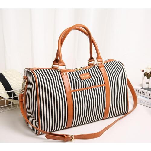 Canvas+PU Leather Women Travel Bag Fashion Striped Duffel Tote Large Weekend Bag Female Packing Cubes Suitcase Shoulder Bags