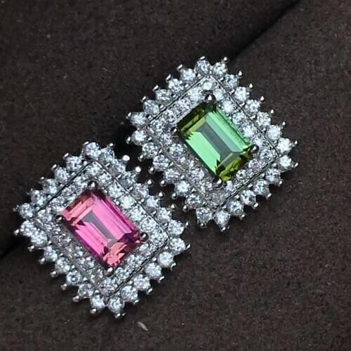 Natural Multicolor tourmaline Classic fashion Square stud earrings Natural gemstone earrings S925 silver women party jewelry