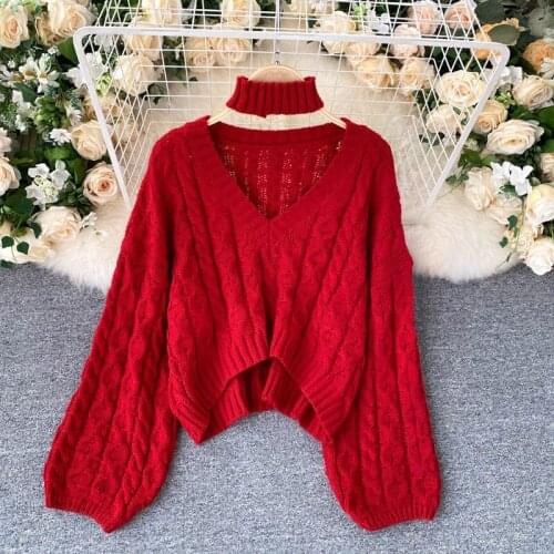 2021 Spring Autumn Lazy Wind Korean Fashion Twist Pullover Knit V-neck Loose Student Long Sleeve Top Sweater Female Short Sueter