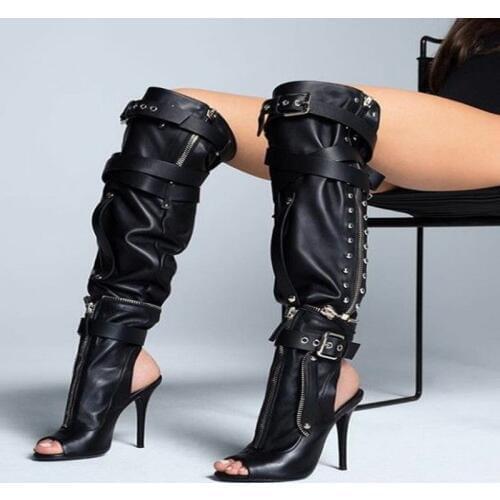 2018 Over The Knee Ladies Night Club Sexy Peep Toe Boots Side Zip Buckle Crossed Belt Decor Shoes Hollow Out Slingback Big Size