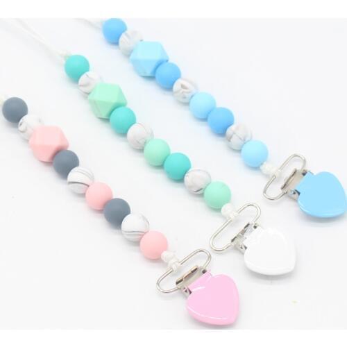 BPA Free Metal Love Heart Pacifier Clips Soother Chain Chew Silicone Beads Pacifier Nipple Holder