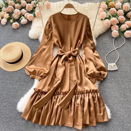 Croysier Dresses For Women 2021 Clothes Long Sleeve Round Neck Loose Midi Dress With Belt Elegant Vintage Ruffle Hem Satin Dress