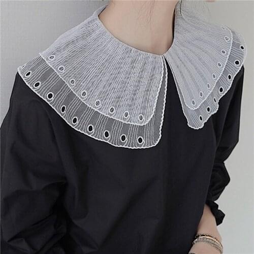 Women Double Layer Hollow Out Large Lapel False Fake Collar Butterfly Ruffles Detachable Half Shirt Blouse Button Adjustable Dic