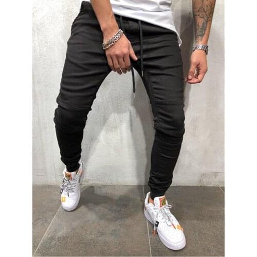 Skinny Jeans Mens Stretchy Wrinkle Biker Pencil Pants Denim Pants Mens Elastic Waist Harem Pants Men Jogger Clothes Patchwork