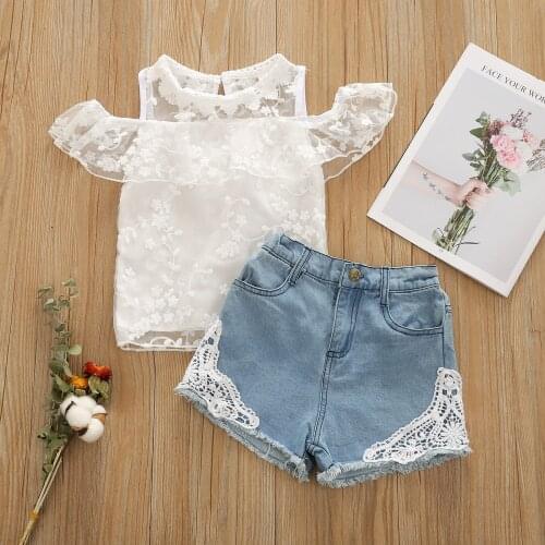 FOCUSNORM 2pcs Infant Baby Girls Clothes Sets 0-5Y Lace Flowers Printed Off Shoulder Short Sleeve T Shirts Denim Shorts