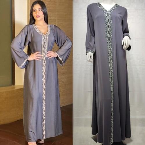 Eid Dubai Abaya Kaftan Turkish Jalabiya Islamic Maxi Dresses Women Clothing Muslim Diamond Gray Fashion Plus Size Dress Ramadan