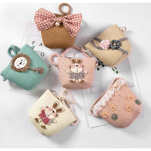 Summer Hand Made Straw Bags Children Single Inclined Shoulder Bags Exquisiteness Kids Cartoon Coin Purses Cute Princess Handbags