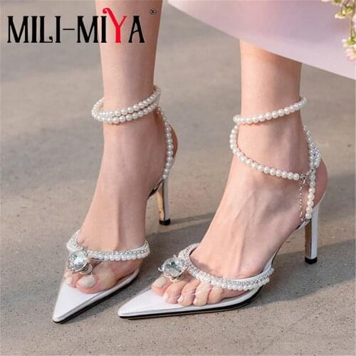 MILI-MIYA PVC Transparent Crystal High Heel Sandals Women Pearl Beading Ankle Strap Sexy Pointed Toe Stiletto Summer Party Shoes