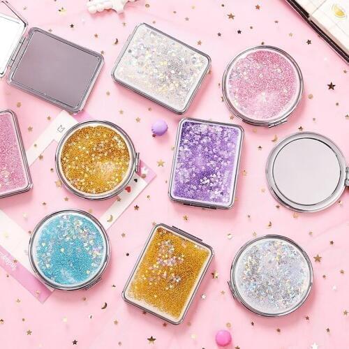 Mini Quicksand Cute Mirror Pink Double Sided Square Magnify Mirror Portable Makeup Mirror Folding Cosmetic Mirror Female Gifts