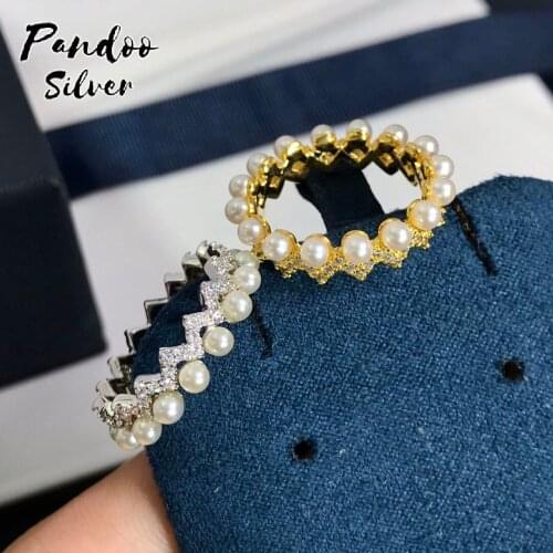 Fashion Charm Sterling Silver Copy 1:1 Replica,Yellow Silver Up And Down Ring With Pearls Women Jewelry Gift With Logo