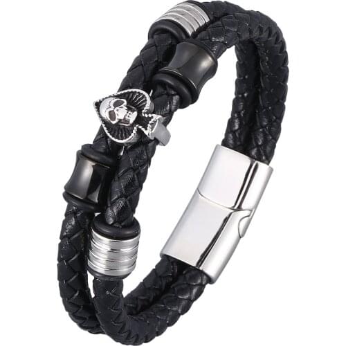 New Braided Wrap Genuine Leather Bracelets for Men Women Punk Charm Double-Layer Leather Spades Skull Bracelet Wristbands BB0936