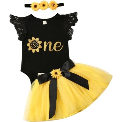 Baby Girl Clothes 3PCS Baby Girl 1st Birthday Outfit Party Flowers Bodysuit+ Cake Smash Tutu Skirts +headband