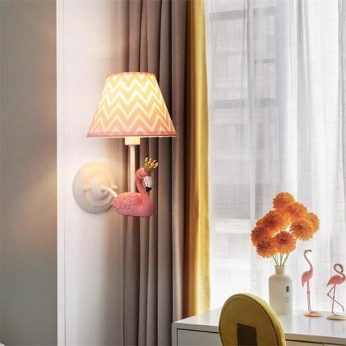 Pink Flamingo Bedside Wall Lamp Nordic Childrens Room Bedroom Eye Protection LED Girl Princess Room Cloakroom Corridor Lighting