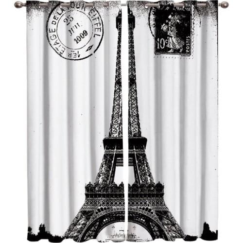 Retro Stamps Paris Tower Black White Curtains Valance Living Room Bedroom Indoor Decor Window Treatment Kids Room Home Decor
