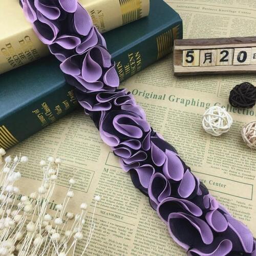 1 yard Purple Black 3D Flowers Chiffon Cluster Lace Trim Bride Wedding Dress Lace Ribbon Fabric Applique Trimming Sewing Craft
