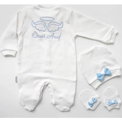 Blue Embroidered Beret Mittens Baby Boy Jumpsuit Baby Boys boy Romper Cotton Long Beret Baby Jumpsuit Infant Clothing Autumn