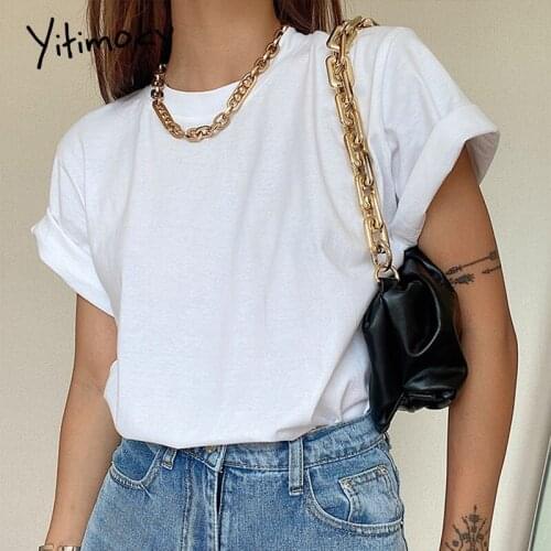 Yitimoky Short Sleeve Summer Tops for Women 2021 White Harajuku Vintage Solid O-Neck Plus Size Oversized T Shirt Clothing Cotton