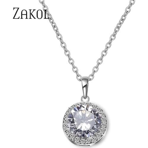 ZAKOL Simple Fashion Jewelry White Color Round Shape CZ Cubic Zirconia Pendant Necklace for Women Wedding Jewelry FSNP1004