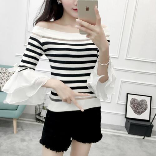 Women Fashion Slim Knitting Off-shoulder Flare Chiffon Sleeve T shirts Tops Girl Knitted Patchwork Slash Neck Tees FL4730