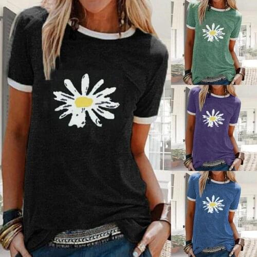 Women Casual Summer O Neck Short Sleeve Marguerite Print T-shirt Blouse Top