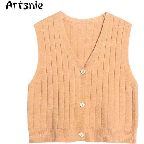 Artsnie Spring 2021 V Neck Single Breasted Sweater Vest Women Sleeveless Knitted Pull Femme Vintage Casual Ladies Sweater Vest