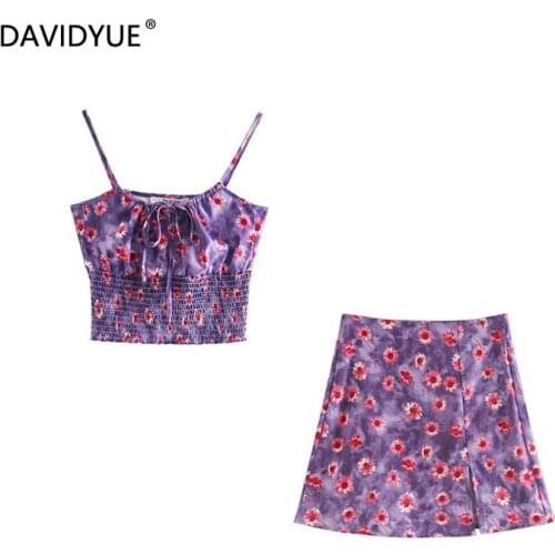 Summer crop top women mini skirts elegant two piece set streetwear vacation outfits ruffle tank top camis floral skirts purple