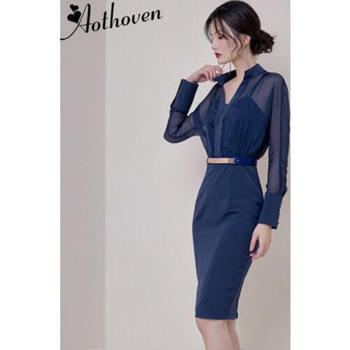 Autumn Shirt Dress Chiffon Patchwork Blue Long Sleeve Women Dresses Bandage Office Ladies Sexy Party Pencil Wrap Dress Vestidos