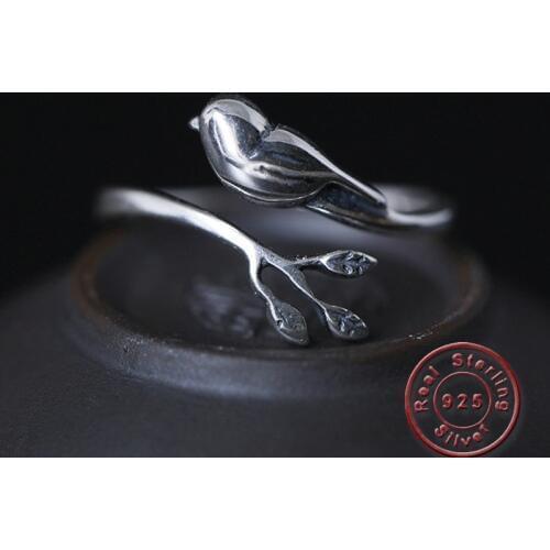 Amxiu Vintage Antique Silver Ring Little Branch Bird Ring 925 Silver Open Rings For Women Girls Birthday Gift Daily Accessories
