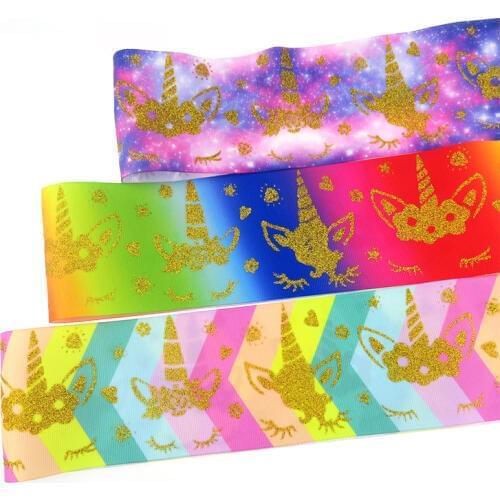 100Y/lot 75mm 3" gold glitter unicorn flower printed polyester grosgrain ribbon for bows accessories welcome custom order