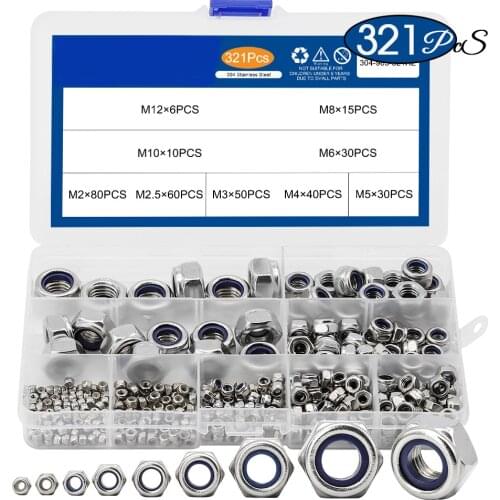 321pcs Nylon Lock Nut 304 Stainless Steel M2 M2.5 M3 M4 M5 M6 M8 M10 M12 Hex Hexagon Self locking Nut Assortment Kit