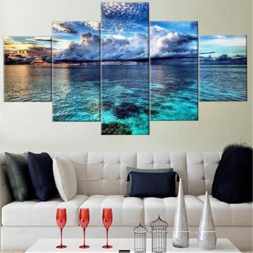 5 Pieces Wall Art Canvas Painting Blue Beach Seascape Poster Home Decoration Pictures Modern Living Room Modular Framework