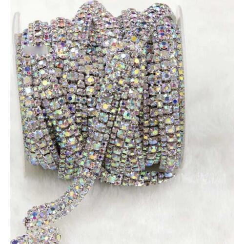 5Yards Crystal AB Stones Silver Gold Plating Rhinestone Trim Bridal Sash Trimming Triple Row Diamante Chain