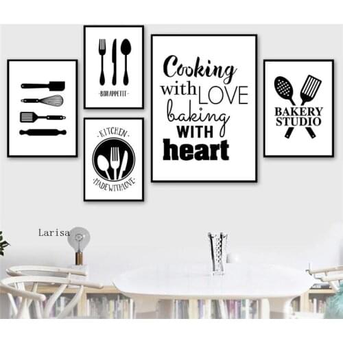 Black White Cooking with Love Kitchen Wall Art Canvas Painting Prints Posters Restaurant Kitchen Dining Room Decoration Picture