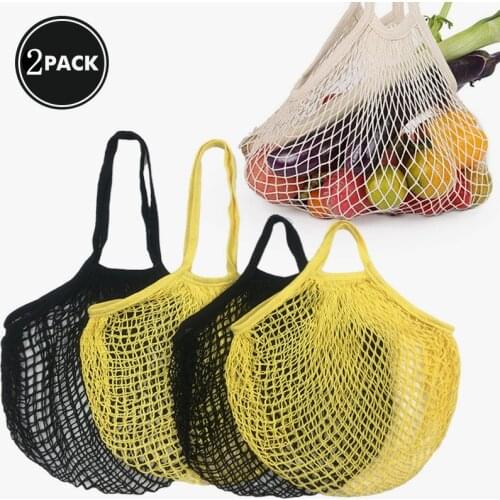 2Pcs Eco-friendly Portable Reusable Grocery Bags for Fruit Vegetable Storage Bag Cotton Mesh Net Organizer Long Handle Handbag
