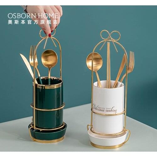 OSBORN Ceramic Chopstick Utensil Holder Rests Cylinder Bucket Drain Basket Knife, Fork And Spoon Storage