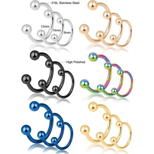 3pcs 316L Stainless Steel Nose Rings Cartilage Ear Septum Piercings Helix Tragus Horseshoe 8/10/12mm