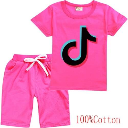 TIK TOK New Fashion Casual Summer Hot Sale Boys and Girls Childrens Short Sleeve Cartoon T-shirt Top + Shorts 2pcs Set