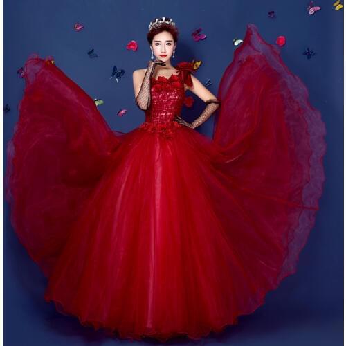 Red lace flowers bowknot floral Versailles royal medieval dress sissi princess Renaissance Gown queen Victorian Belle ball