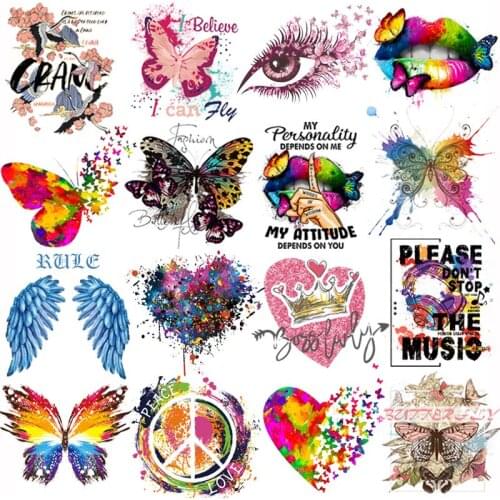 Fashion Color Butterfly Patches For Clothes DIY T shirts Iron on Patch Heat Transfer Stickers Washable Sexy Lips Heart Applique