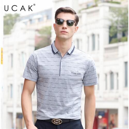 UCAK Brand 2020 Summer New Arrival Tee Streetwear Turn-down Collar T Shirt Homme Striped Short Sleeve Tshirt Men Clothing U5244