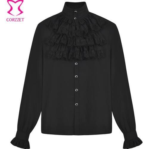 Black Layered Lace Ruffle Stand Collar Lantern Sleeve Gothic Shirt Vintage Medieval Cosplay Steampunk Clothing Men Victorian Top