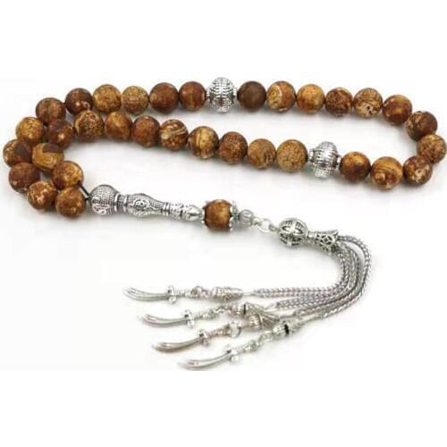 Mans Bark pattern agates Tasbih Muslim rosary 33 yellow misbaha Knife pendant Islam prayer beads bracelet arabic fashion giift